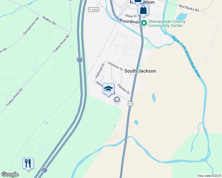 map of restaurants, bars, coffee shops, grocery stores, and more near 174 Shenandoah Street in Mount Jackson