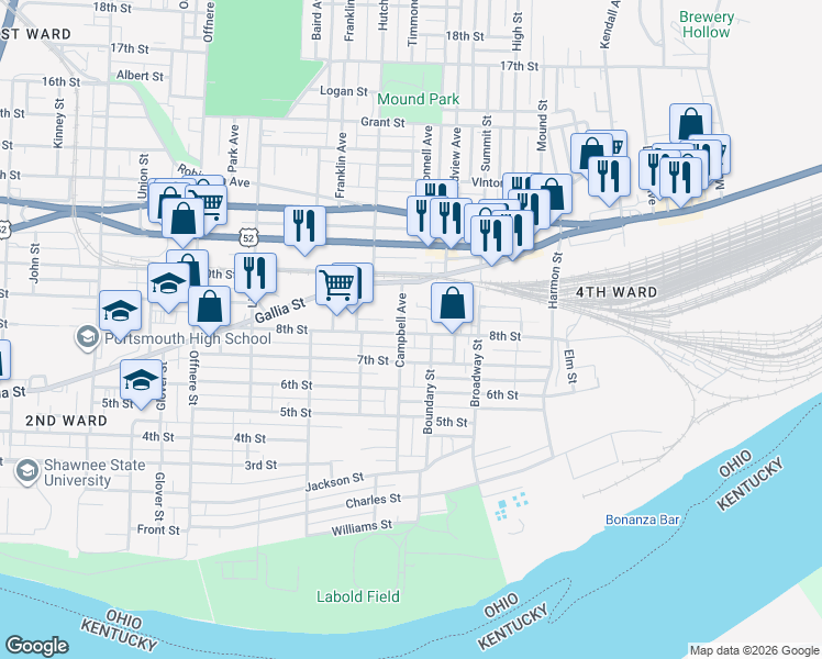 map of restaurants, bars, coffee shops, grocery stores, and more near 1909 8th Street in Portsmouth
