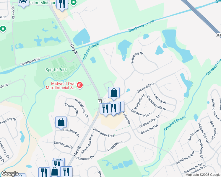 map of restaurants, bars, coffee shops, grocery stores, and more near 1000 Landing Circle in Saint Charles