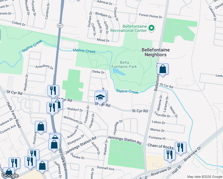 map of restaurants, bars, coffee shops, grocery stores, and more near 9470 Jaros Court in St. Louis