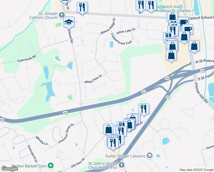 map of restaurants, bars, coffee shops, grocery stores, and more near 77 Ridgefield Court in Saint Charles