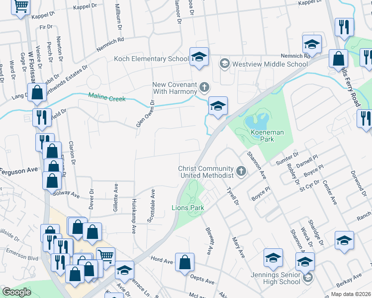 map of restaurants, bars, coffee shops, grocery stores, and more near 2533 High Ridge Avenue in St. Louis
