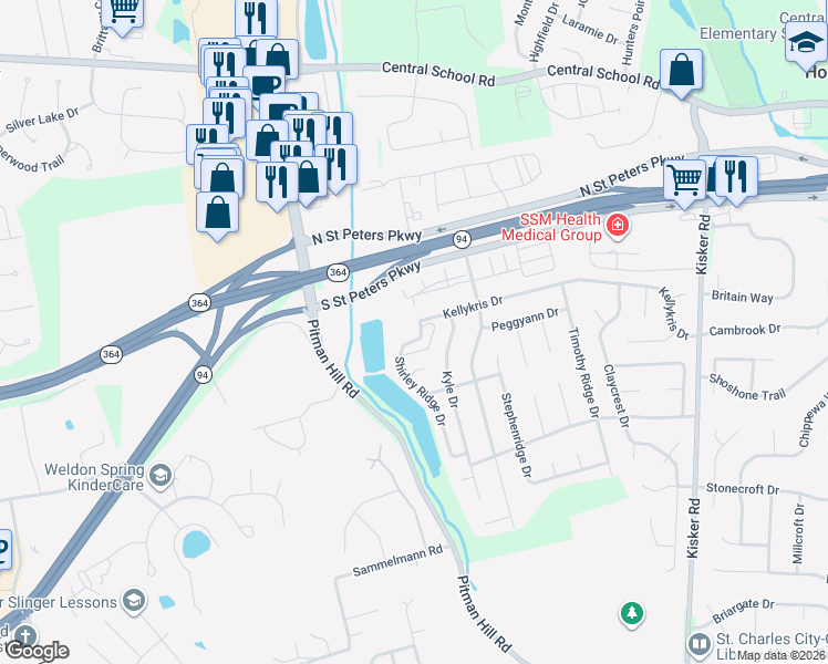 map of restaurants, bars, coffee shops, grocery stores, and more near 127 Shirleyridge Drive in Saint Charles