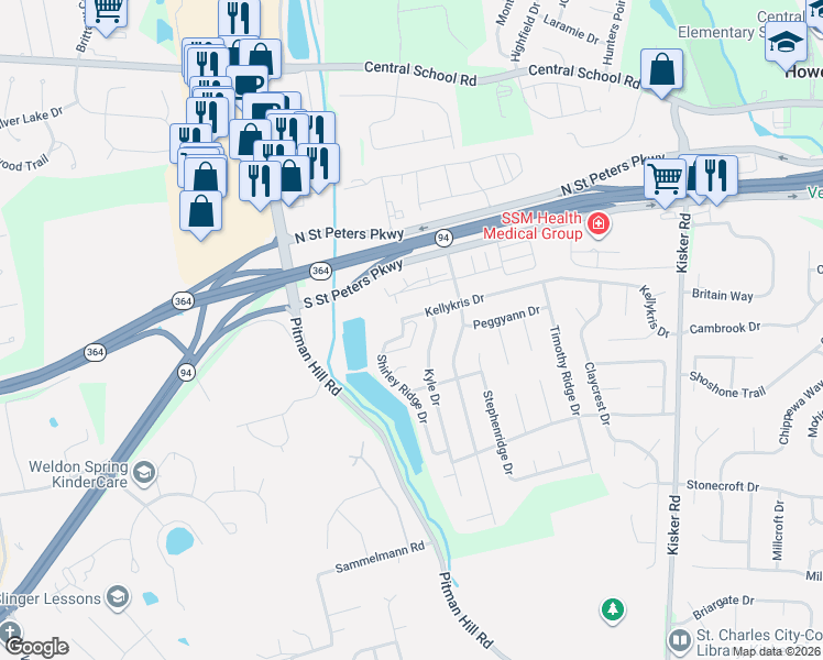 map of restaurants, bars, coffee shops, grocery stores, and more near 121 Shirleyridge Drive in Saint Charles