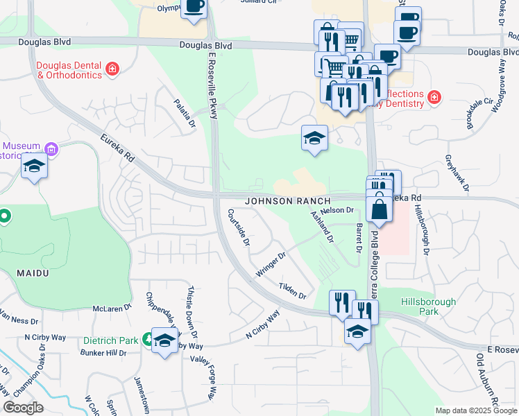 map of restaurants, bars, coffee shops, grocery stores, and more near 3040 Courtside Drive in Roseville