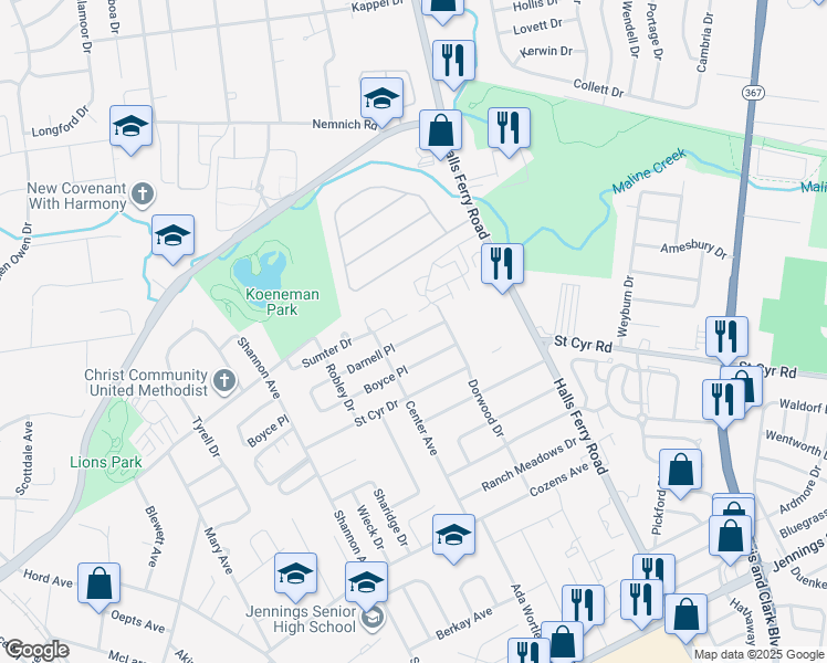 map of restaurants, bars, coffee shops, grocery stores, and more near 9120 Darnell Place in Jennings
