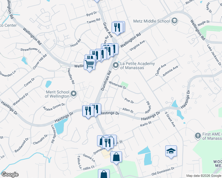 map of restaurants, bars, coffee shops, grocery stores, and more near 9203 Fry Street in Manassas