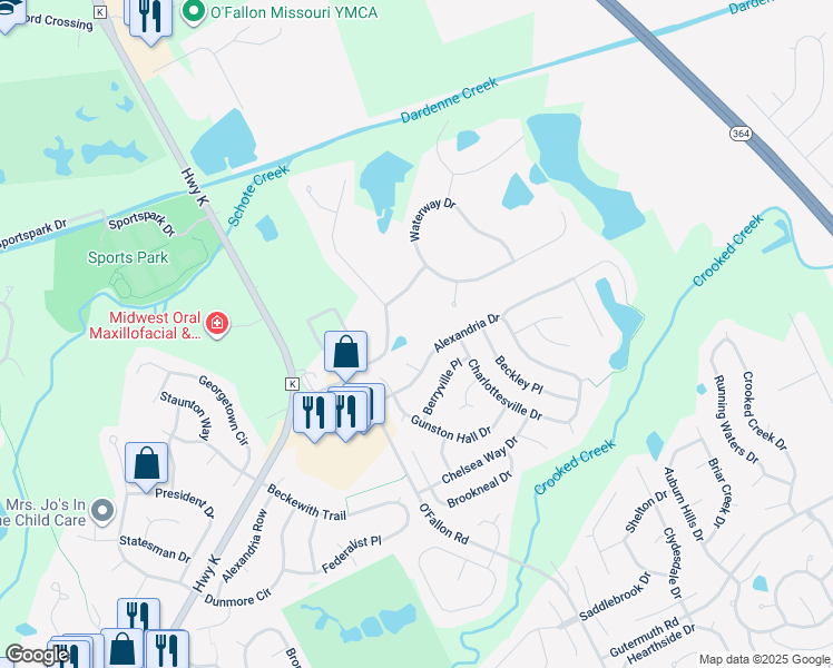 map of restaurants, bars, coffee shops, grocery stores, and more near 100 Summerset Drive in Saint Charles