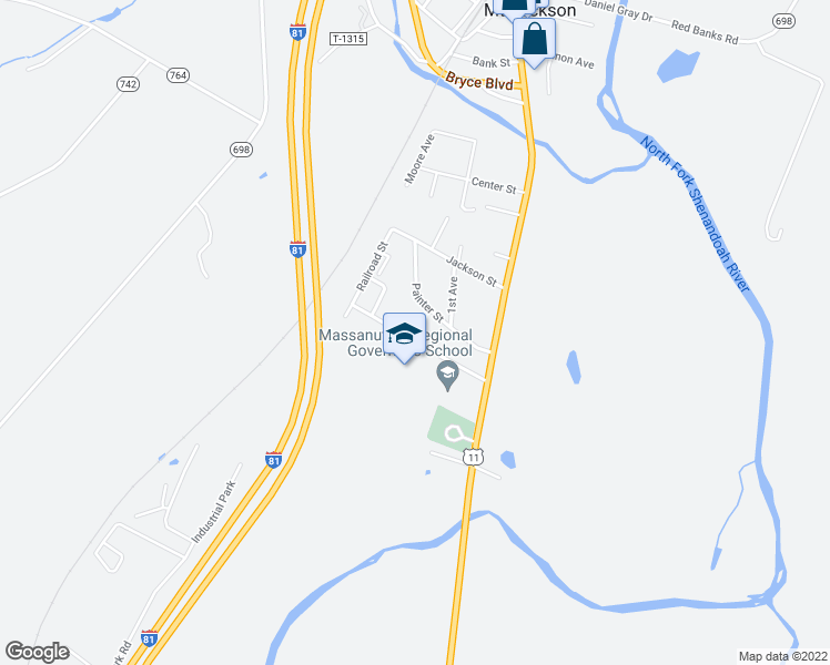 map of restaurants, bars, coffee shops, grocery stores, and more near 182 Shenandoah Street in Mount Jackson