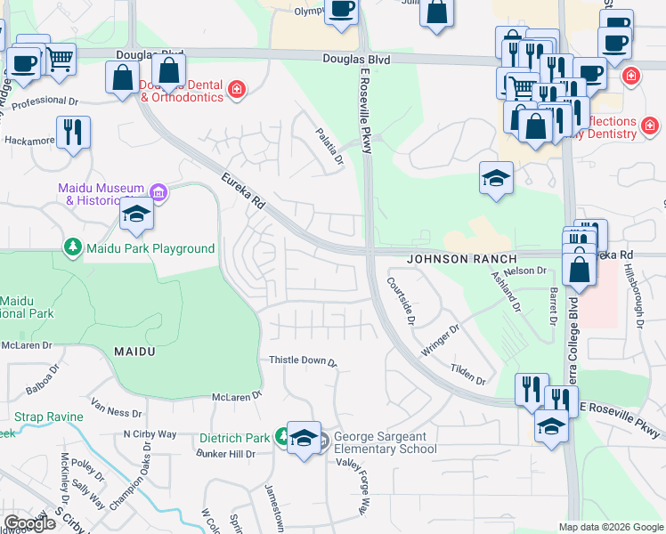 map of restaurants, bars, coffee shops, grocery stores, and more near 602 Picardy Court in Roseville