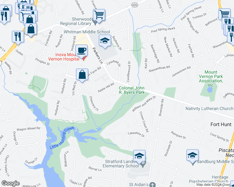 map of restaurants, bars, coffee shops, grocery stores, and more near 8201 Oxbow Court in Alexandria