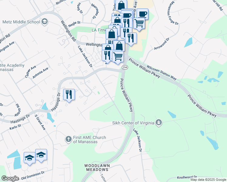 map of restaurants, bars, coffee shops, grocery stores, and more near 10107 Lake Jackson Drive in Manassas