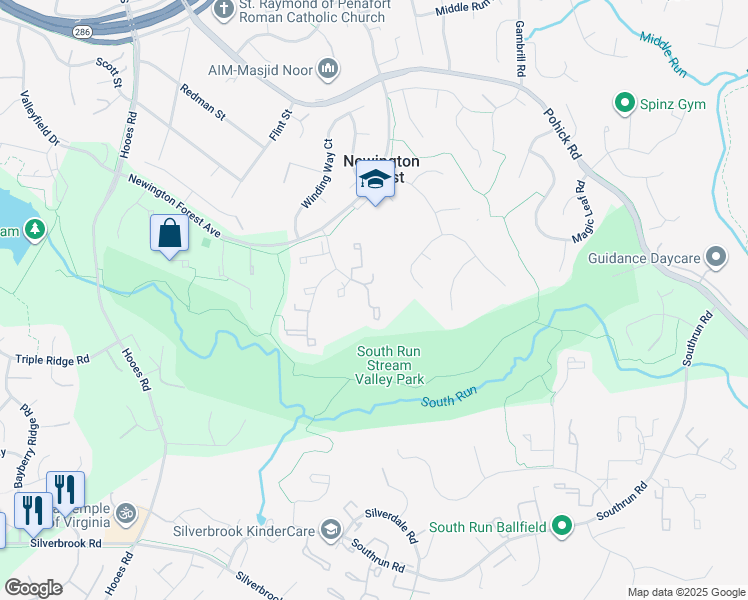 map of restaurants, bars, coffee shops, grocery stores, and more near 8169 Curving Creek Court in Springfield