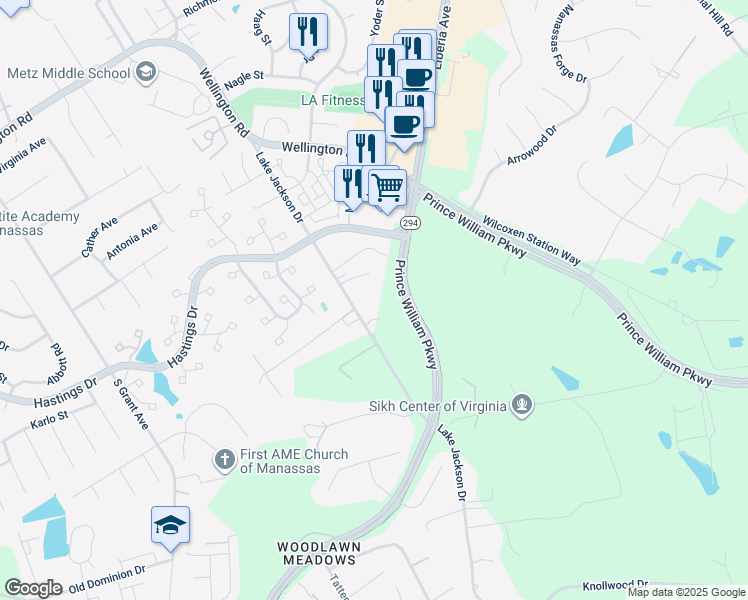 map of restaurants, bars, coffee shops, grocery stores, and more near 10107 Lake Jackson Drive in Manassas