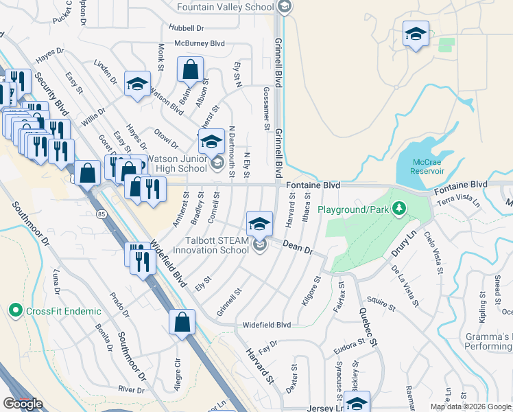 map of restaurants, bars, coffee shops, grocery stores, and more near 108 Fordham Street in Colorado Springs