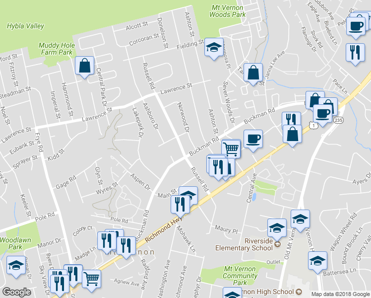 map of restaurants, bars, coffee shops, grocery stores, and more near 8119 Russell Road in Alexandria