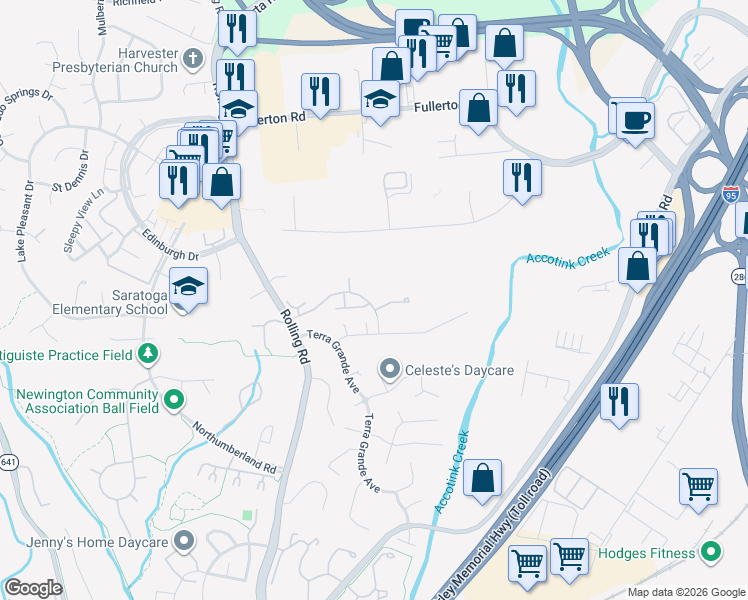 map of restaurants, bars, coffee shops, grocery stores, and more near 7600 Creedmor Drive in Springfield