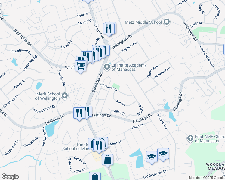 map of restaurants, bars, coffee shops, grocery stores, and more near 9201 Winterset Drive in Manassas