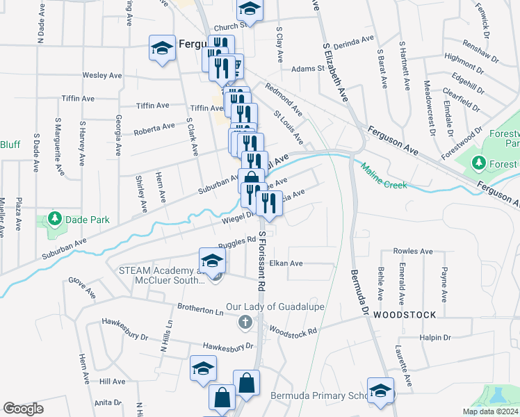 map of restaurants, bars, coffee shops, grocery stores, and more near S Florissant Rd & Patricia Ave in Ferguson