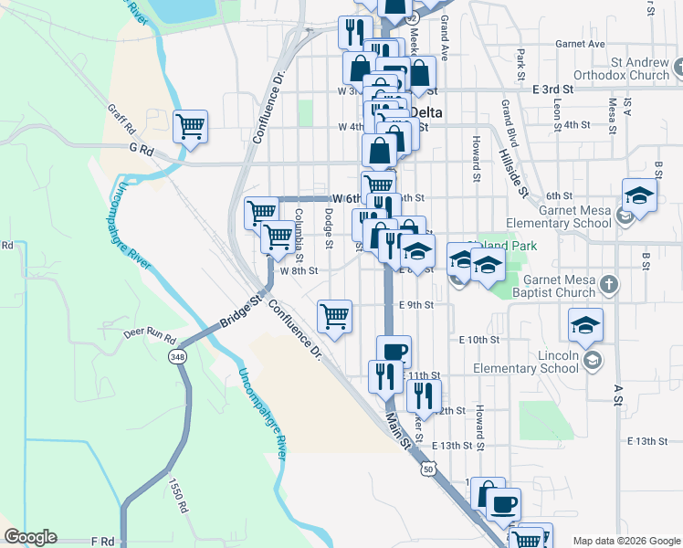 map of restaurants, bars, coffee shops, grocery stores, and more near 841-899 Dodge St in Delta