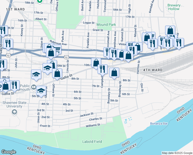 map of restaurants, bars, coffee shops, grocery stores, and more near 1808 8th Street in Portsmouth