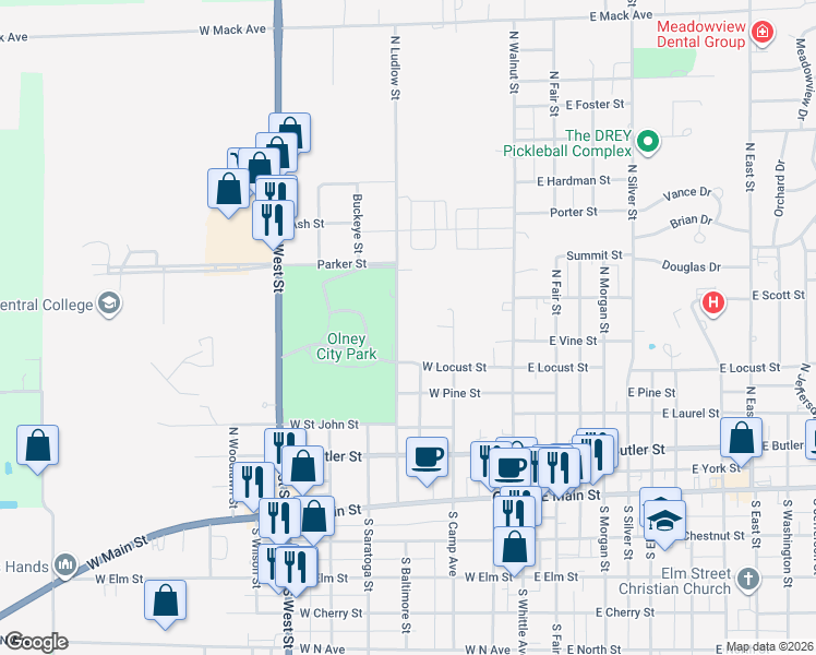 map of restaurants, bars, coffee shops, grocery stores, and more near 500-520 North Ludlow Street in Olney