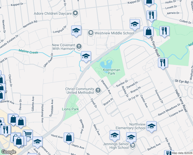 map of restaurants, bars, coffee shops, grocery stores, and more near 2650 Eltarose Drive in St. Louis