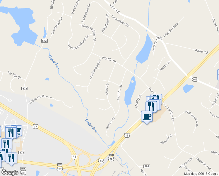 map of restaurants, bars, coffee shops, grocery stores, and more near 7259 Marr Drive in Warrenton
