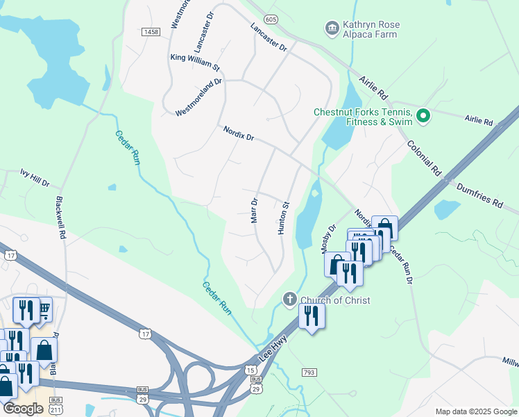 map of restaurants, bars, coffee shops, grocery stores, and more near 7259 Marr Drive in Warrenton