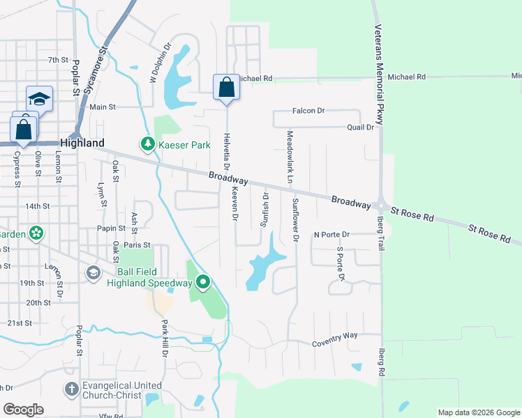 map of restaurants, bars, coffee shops, grocery stores, and more near 65 Sunfish Drive in Highland