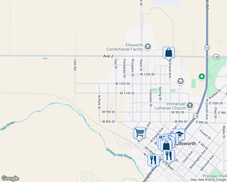 map of restaurants, bars, coffee shops, grocery stores, and more near 1001 West 11th Street in Ellsworth
