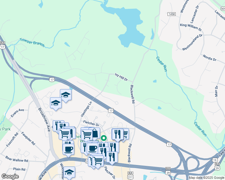 map of restaurants, bars, coffee shops, grocery stores, and more near 7256 Periwinkle Court in Warrenton