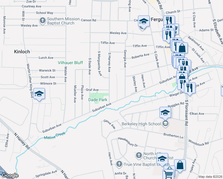 map of restaurants, bars, coffee shops, grocery stores, and more near 417 Jean Avenue in Ferguson