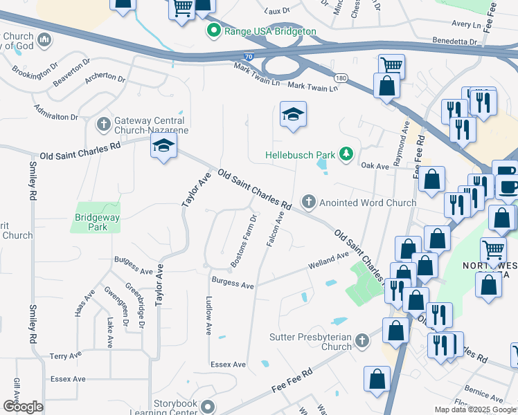 map of restaurants, bars, coffee shops, grocery stores, and more near 3511 Bostons Farm Drive in Bridgeton