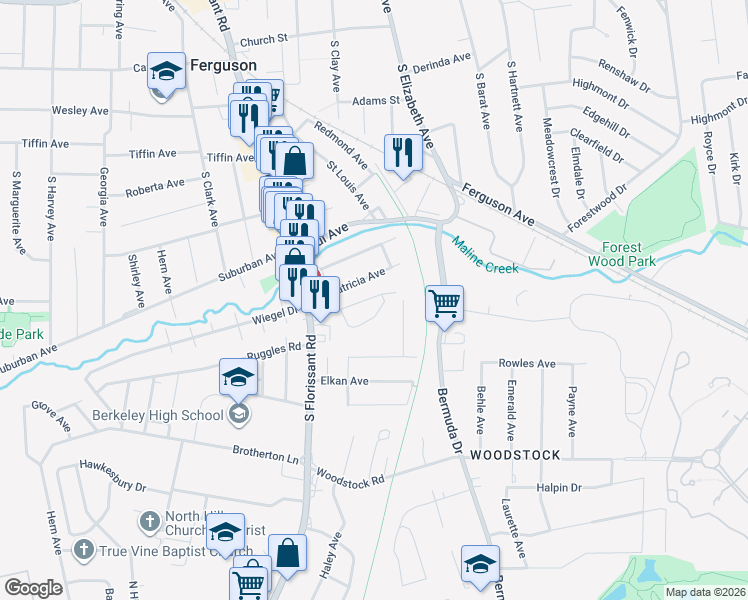 map of restaurants, bars, coffee shops, grocery stores, and more near 70 Arbor Village Court in Ferguson