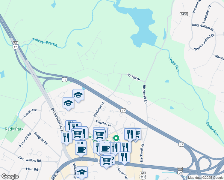 map of restaurants, bars, coffee shops, grocery stores, and more near 315 Willow Court in Warrenton