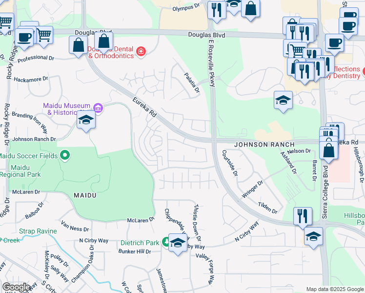 map of restaurants, bars, coffee shops, grocery stores, and more near 2210 Banbury Circle in Roseville