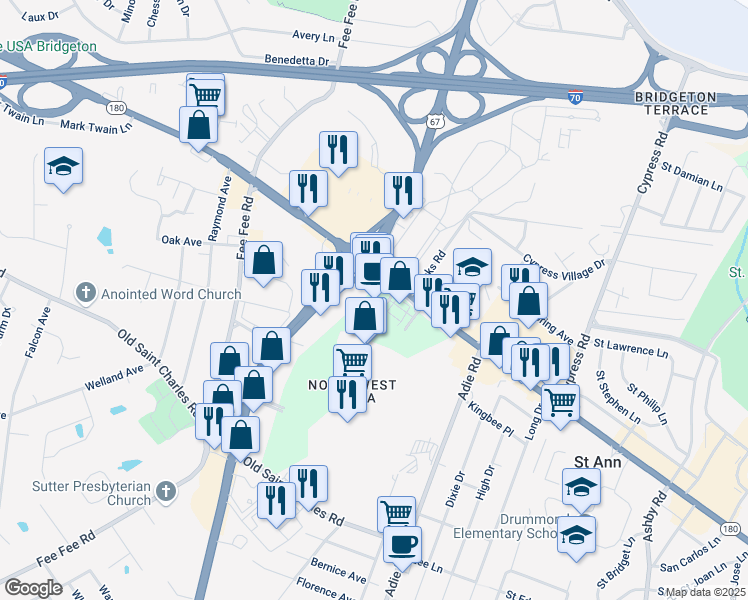 map of restaurants, bars, coffee shops, grocery stores, and more near 995 Northwest Plaza Drive in Saint Ann