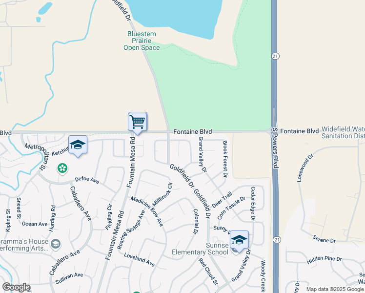 map of restaurants, bars, coffee shops, grocery stores, and more near 6605 White Water Lane in Colorado Springs