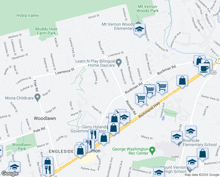 map of restaurants, bars, coffee shops, grocery stores, and more near 4111 Keswick Road in Alexandria