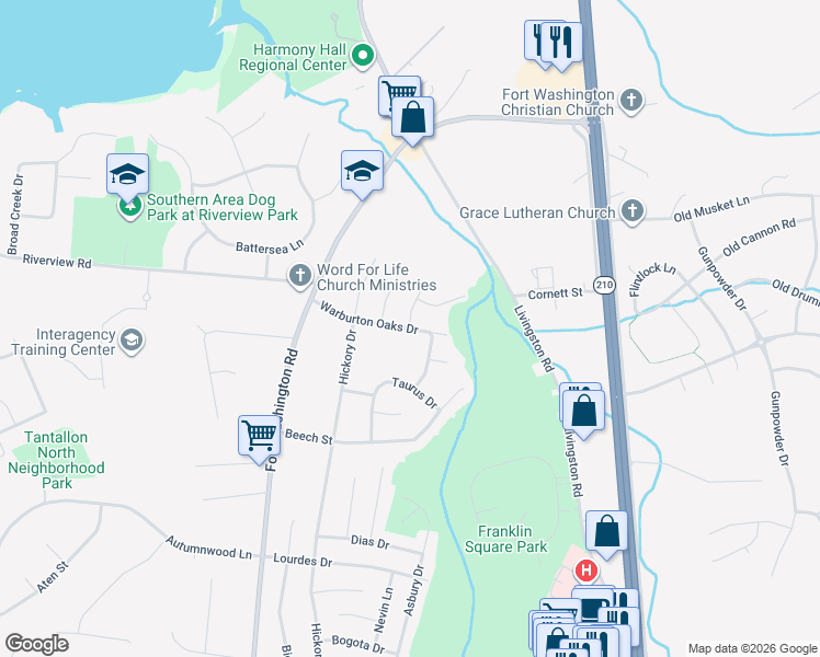 map of restaurants, bars, coffee shops, grocery stores, and more near 338 Warburton Oaks Drive in Fort Washington