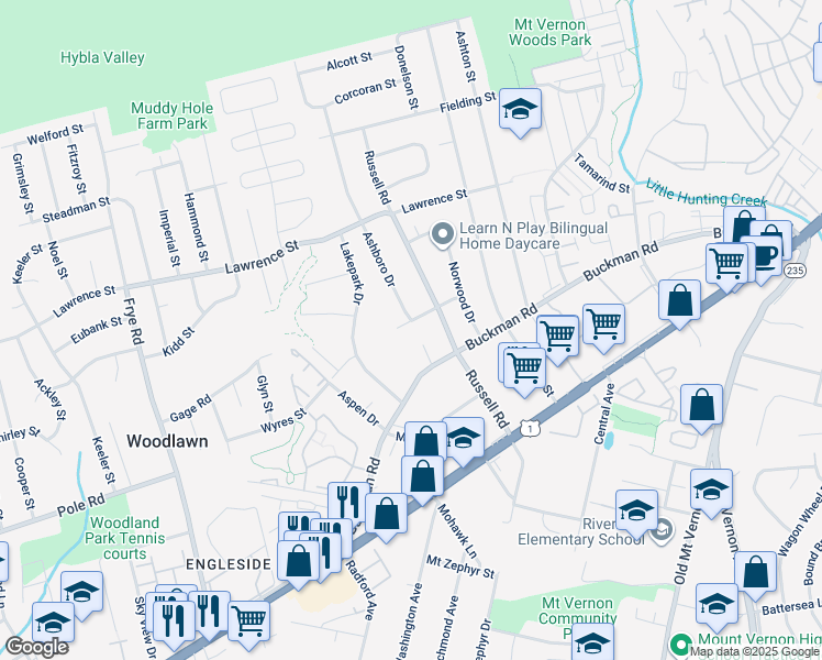map of restaurants, bars, coffee shops, grocery stores, and more near 4111 Keswick Road in Alexandria