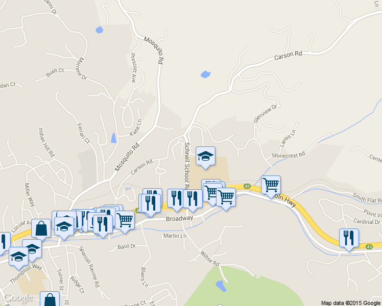 map of restaurants, bars, coffee shops, grocery stores, and more near 1521-1799 Woodman Circle in Placerville
