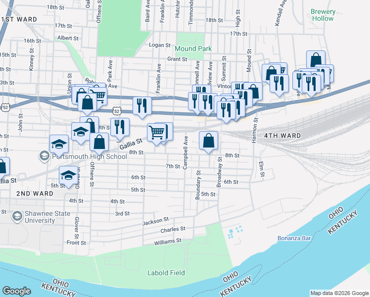 map of restaurants, bars, coffee shops, grocery stores, and more near 1909 8th Street in Portsmouth