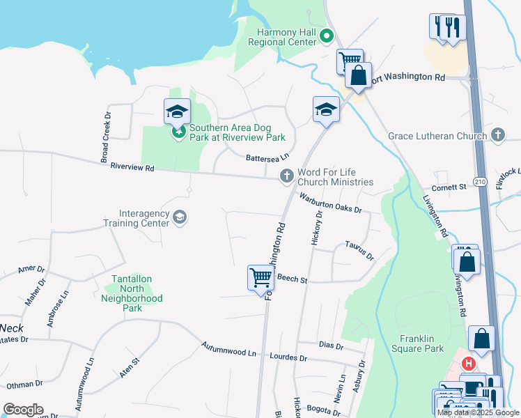 map of restaurants, bars, coffee shops, grocery stores, and more near 11607 Kimberly Woods Lane in Fort Washington