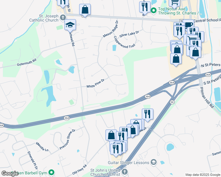 map of restaurants, bars, coffee shops, grocery stores, and more near 77 Ridgefield Court in Saint Charles