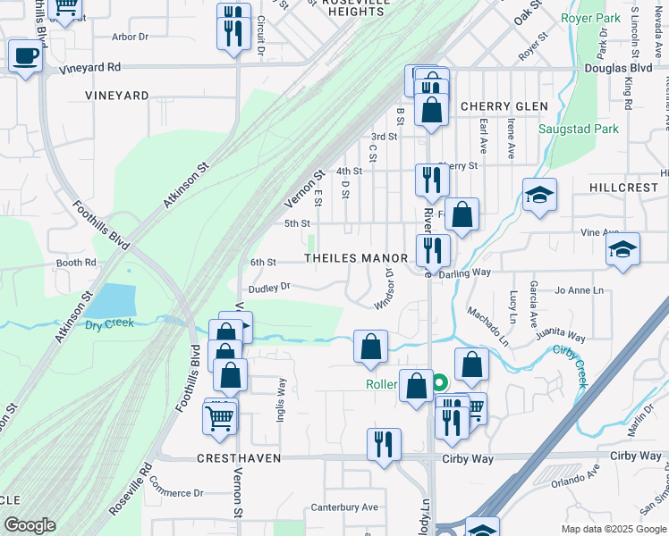 map of restaurants, bars, coffee shops, grocery stores, and more near 405 6th Street in Roseville