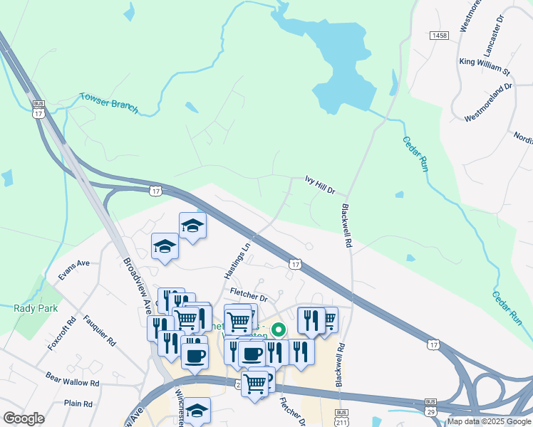map of restaurants, bars, coffee shops, grocery stores, and more near 315 Willow Court in Warrenton