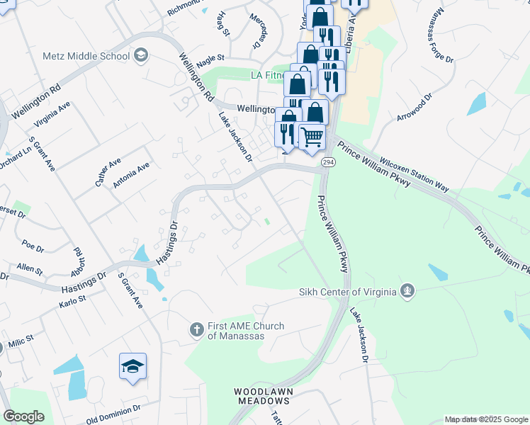 map of restaurants, bars, coffee shops, grocery stores, and more near 10233 Racquet Circle in Manassas