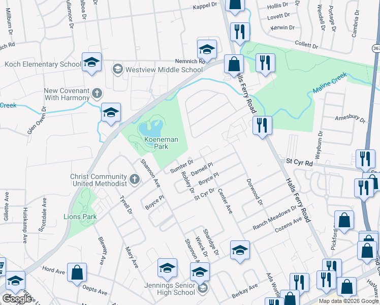 map of restaurants, bars, coffee shops, grocery stores, and more near 8911 Sumter Drive in Jennings